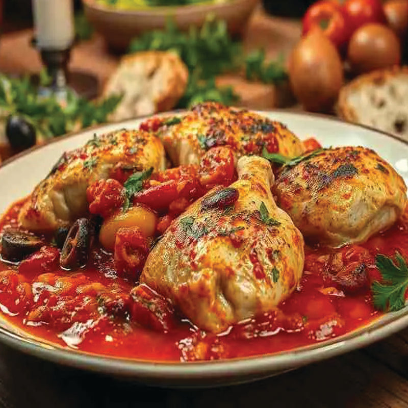 Plated dish of roasted chicken with tomato sauce and herbs on a wooden table.