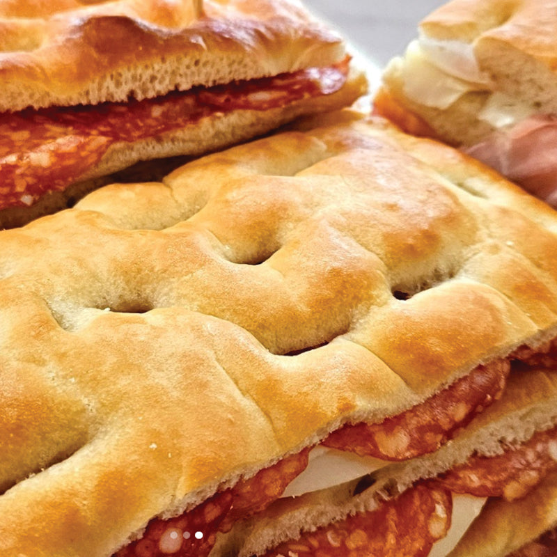 Italian Catering stuffed focaccia, soppressata, mozzarella cheese